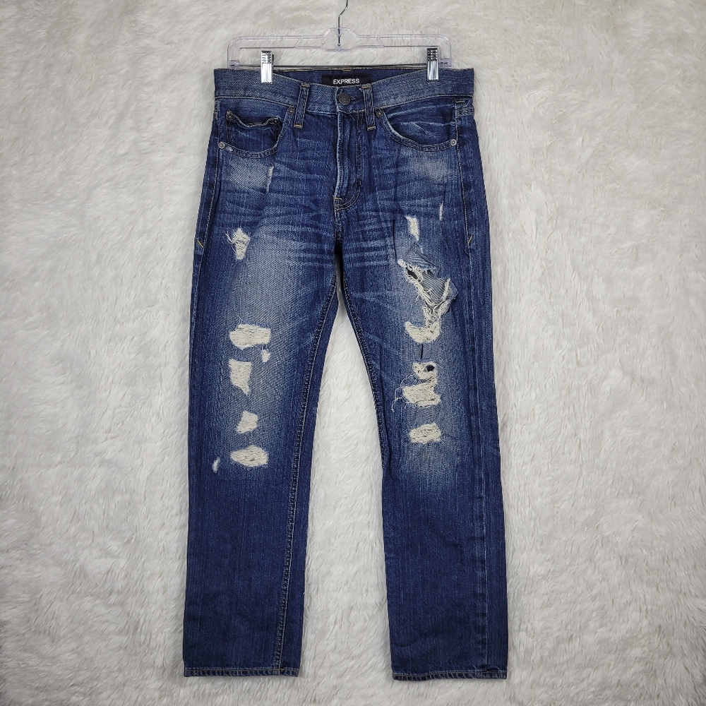 Express Rocco Slim Fit Slim Leg Jeans 31x30‎ Actual (31x29) Blue Distressed